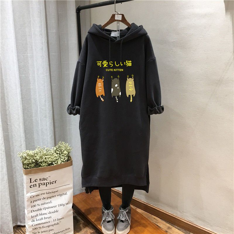 胖mm大码裙子卫衣女秋冬加绒韩版300斤宽松开叉连帽过膝宽松外套