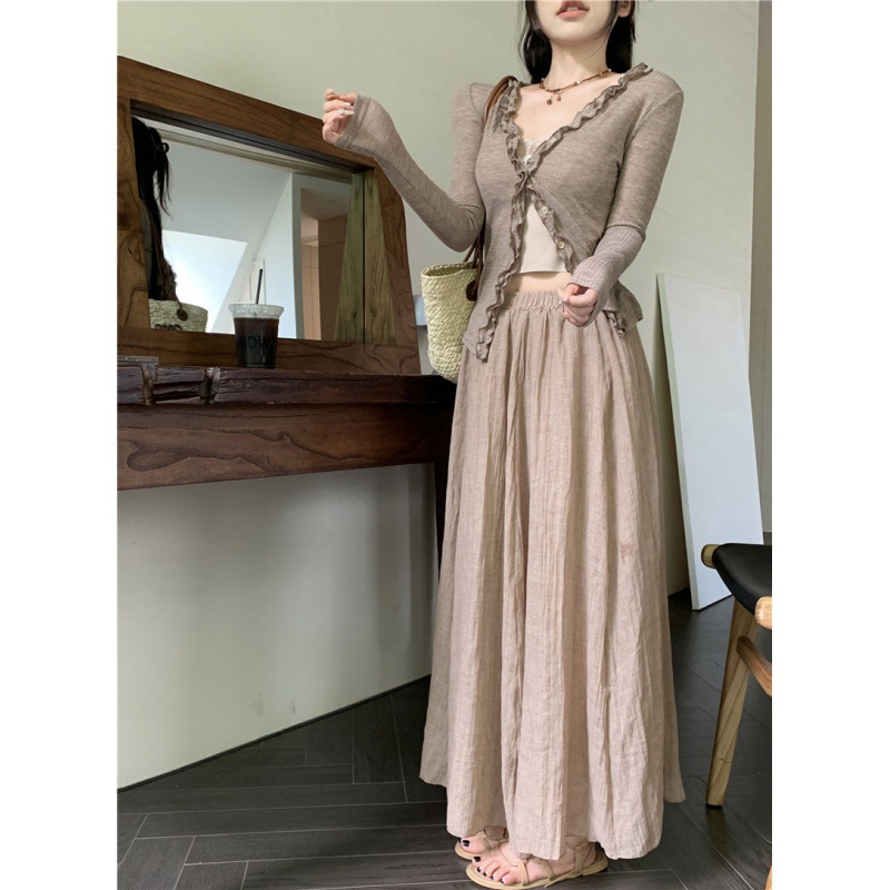 v领木耳边长袖针织开衫女秋季薄款毛衣版修身显瘦百搭上衣