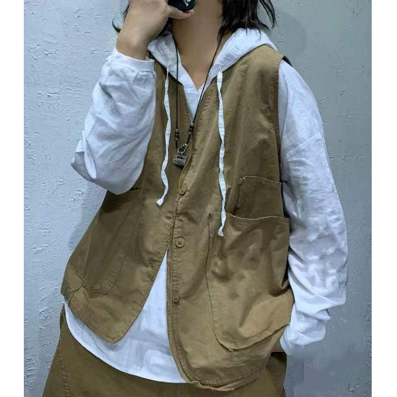 欣欣 春秋季新款韩版水洗棉工装马甲女文艺休闲外搭马夹港风日系