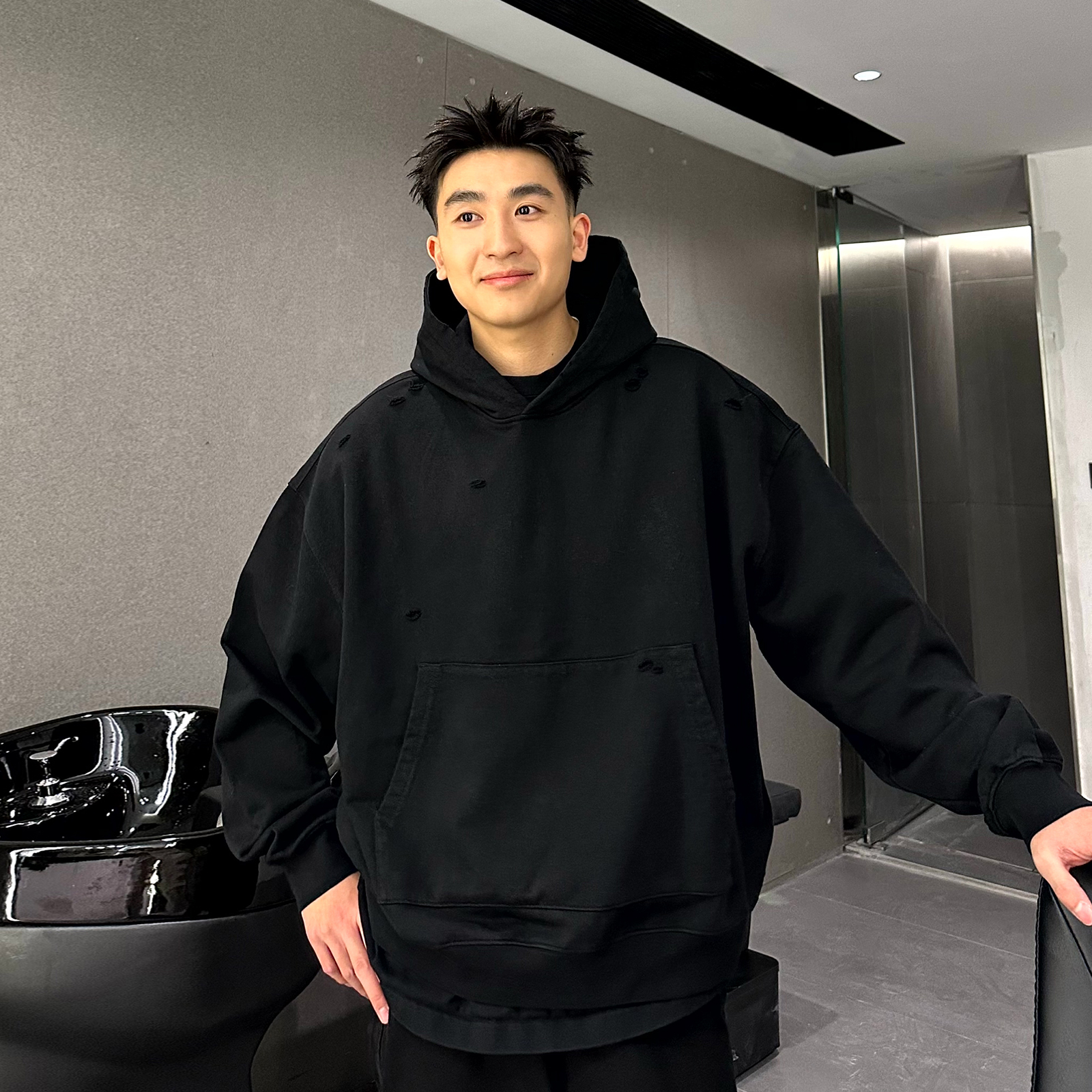 【清仓】SANBAI 叁佰秋冬短款破洞连帽卫衣410g重磅加厚