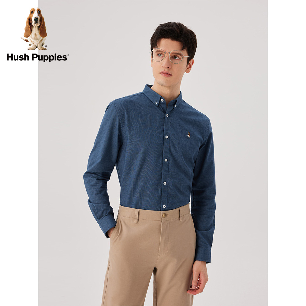 Hush Puppies暇步士男装2023秋季纯色基础款商务通勤休闲长袖衬衫