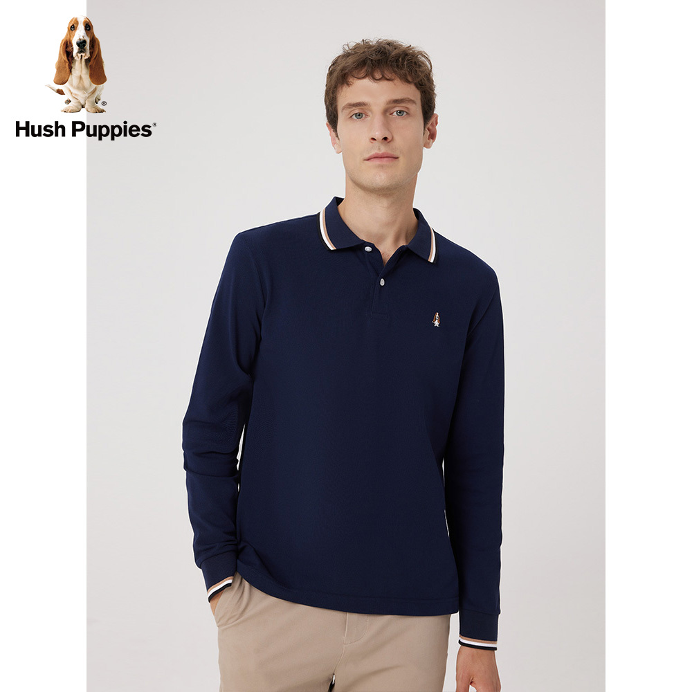 Hush Puppies暇步士男装2023秋季纯棉休闲百搭抗皱免烫长袖Polo衫