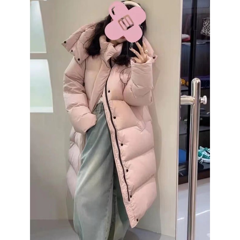波司澄粉色过膝长款羽绒服女2023年冬季新款时尚韩版宽松加厚白鸭