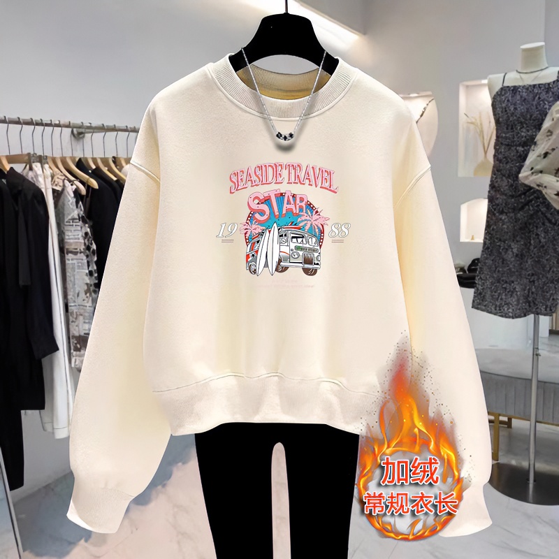 美式复古卫衣女秋冬新款加绒加厚宽松慵懒风无帽上衣薄款印花外套