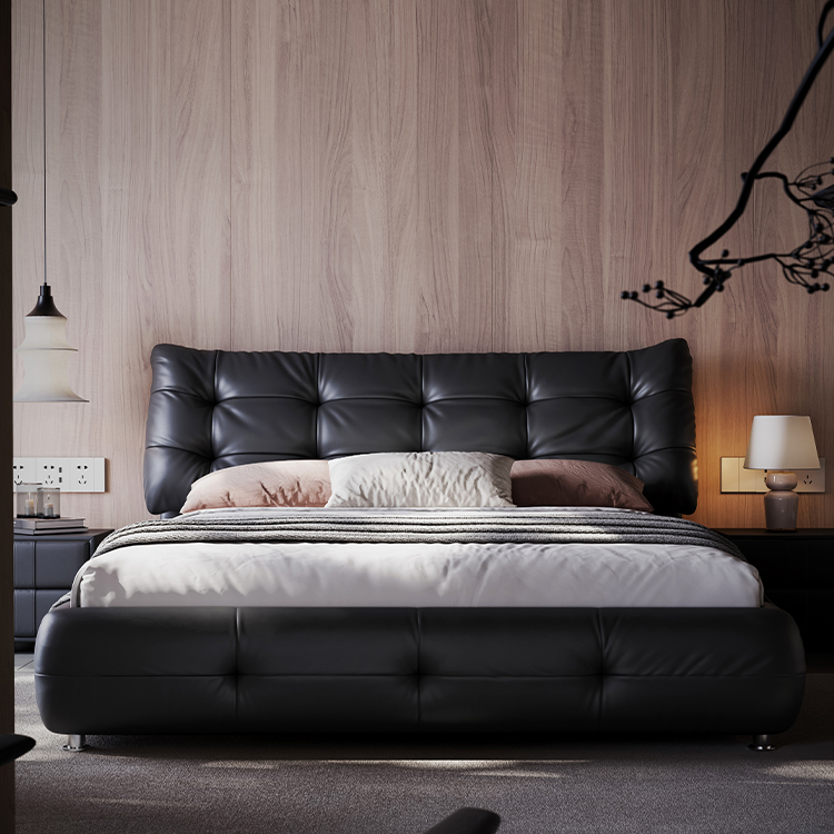意式极简慵懒风高端真皮现代简约主卧室网红轻奢软包头层牛皮大床
