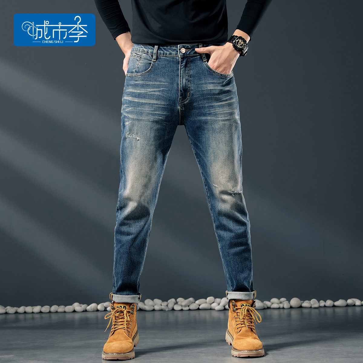 城市李8004#秋季微破洞小脚长裤阿美咔叽风怀旧牛仔裤男士百搭