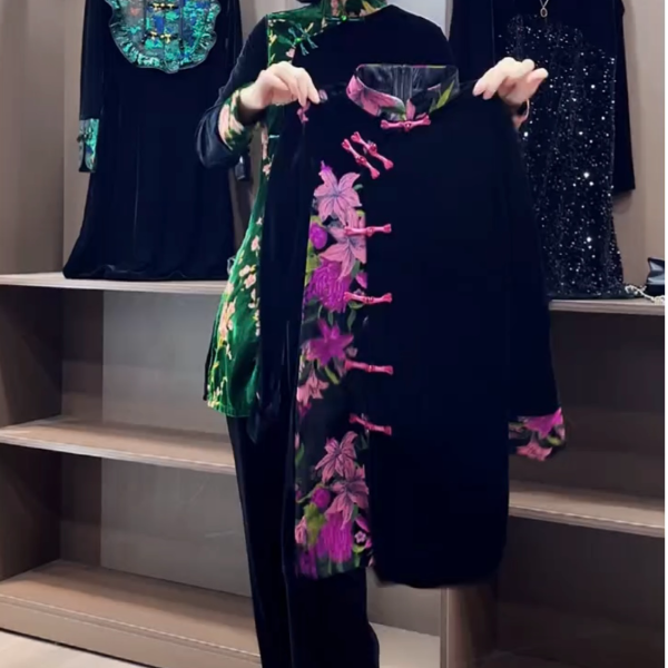 连衣裙女装上衣网红时尚唐装重工中长款新中式复古显瘦金丝绒套装