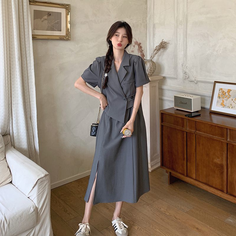 灰色韩版假两件西装宽松连衣裙女夏季新款小众设计感时尚气质裙子