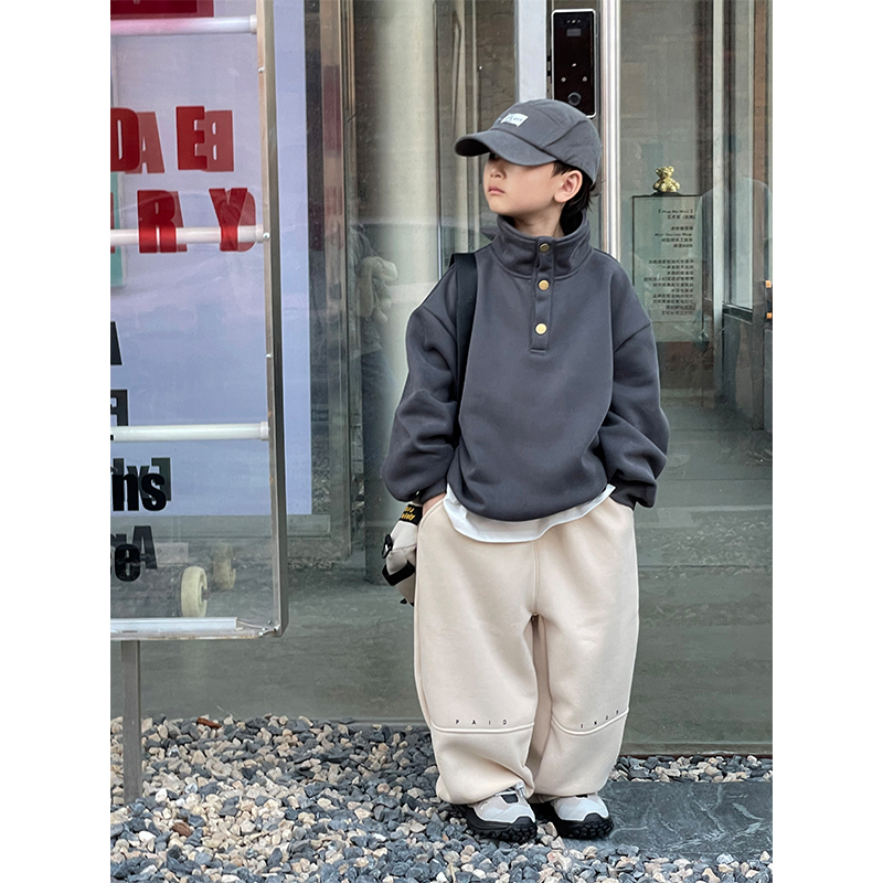 【小向子 现货】冬装儿童休闲宽松立领套头加绒卫衣HCXZ3071
