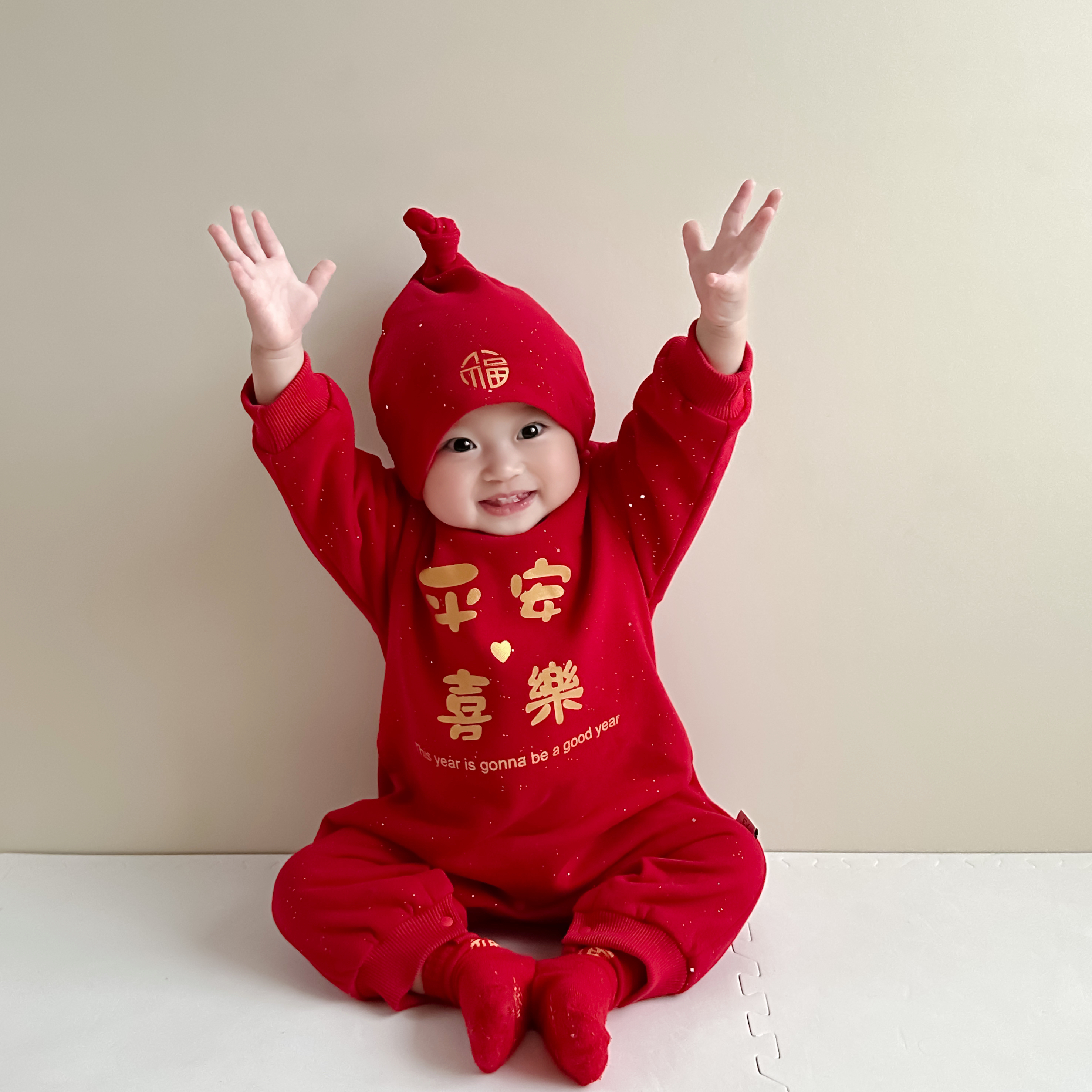 yoyo【喜乐安宁】婴儿连体衣拜年服宝宝满月周岁礼服冬装红色加绒年