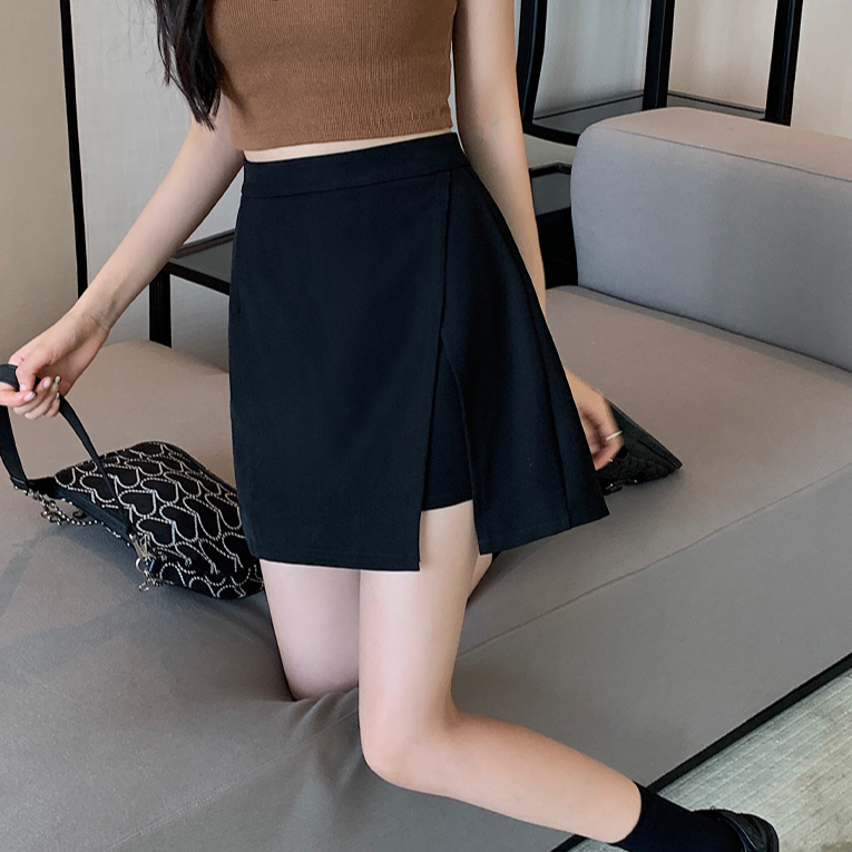 黑色高腰夏季新款防走光裙子显瘦开叉半身裙时尚显瘦遮夸A字短裙