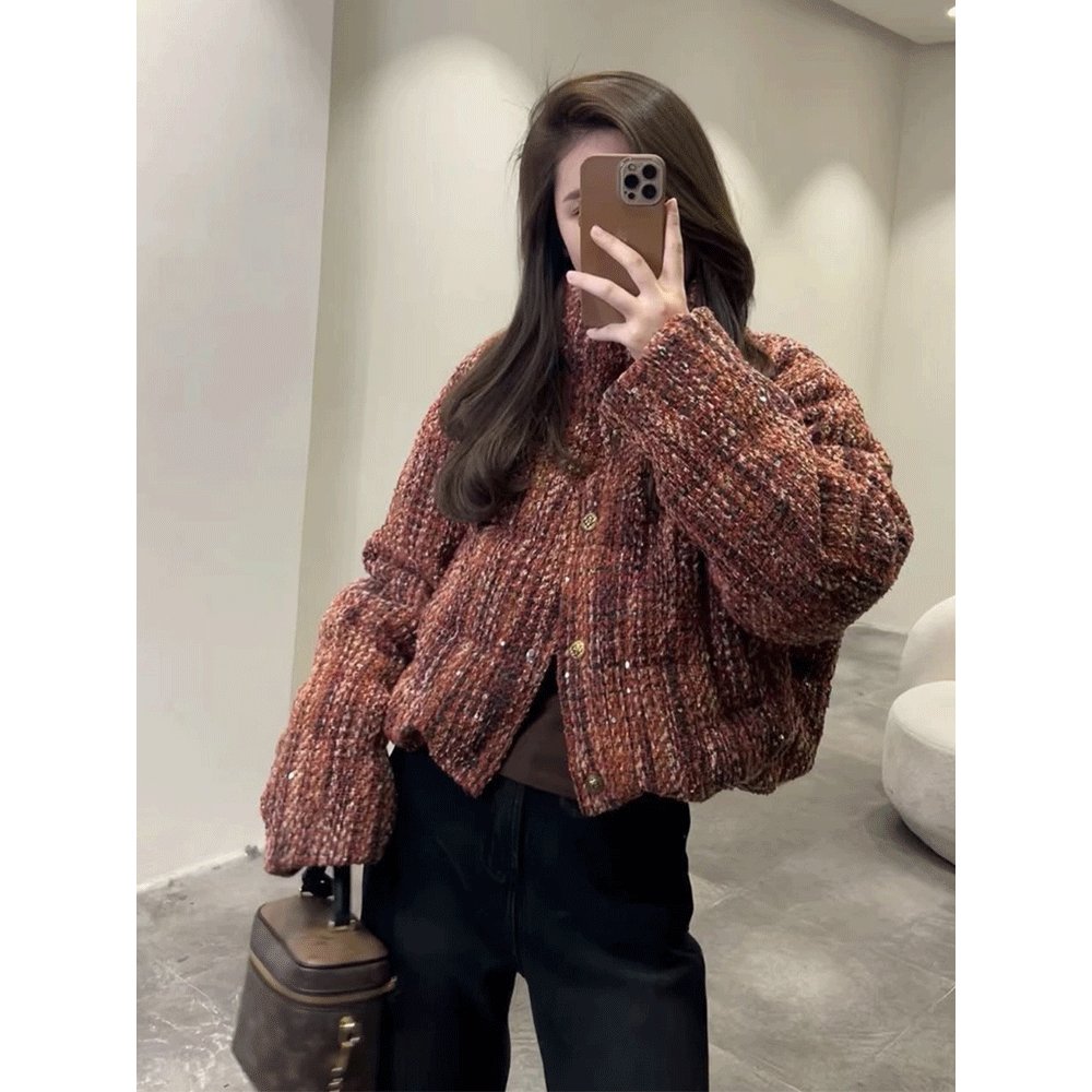 【新年大促】立领加厚保暖白鸭绒羽绒服女2023年冬季新款粗花呢亮