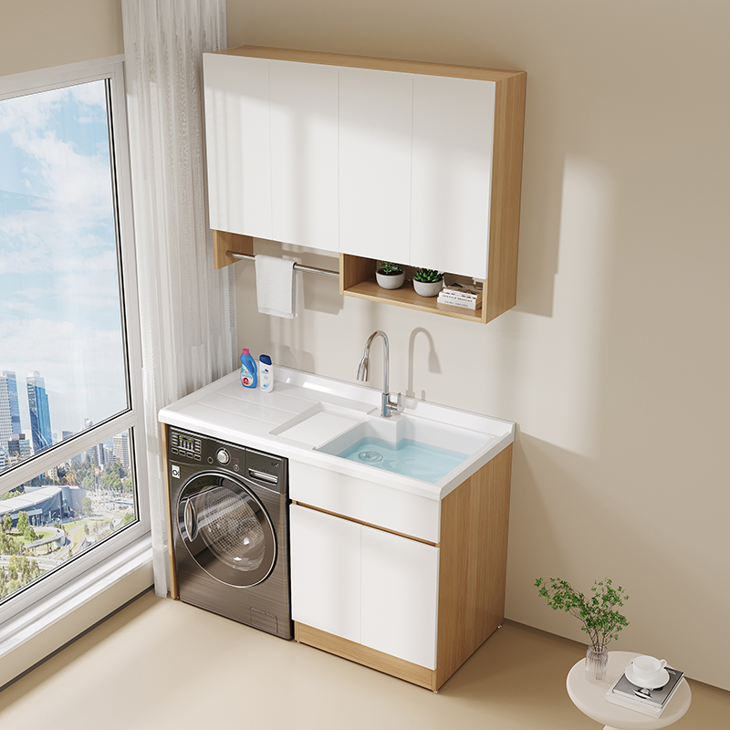 定制原木风阳台洗衣机柜一体盆滚筒洗衣机伴侣洗衣槽洗手池带搓板