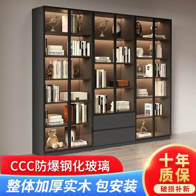 加厚实木书柜带玻璃门落地组合多层书架现代客厅书房手办展示柜子