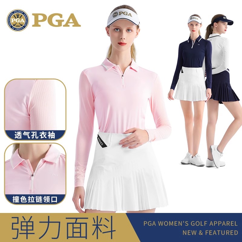 美国PGA 高尔夫服装女士长袖T恤透气孔衣袖上衣 显瘦百褶A字短裙
