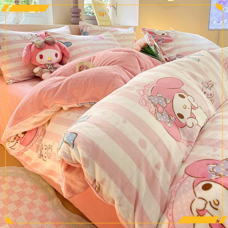 玉桂狗牛奶绒四件套秋冬季加厚珊瑚法兰绒被套床单床上秋冬三件套