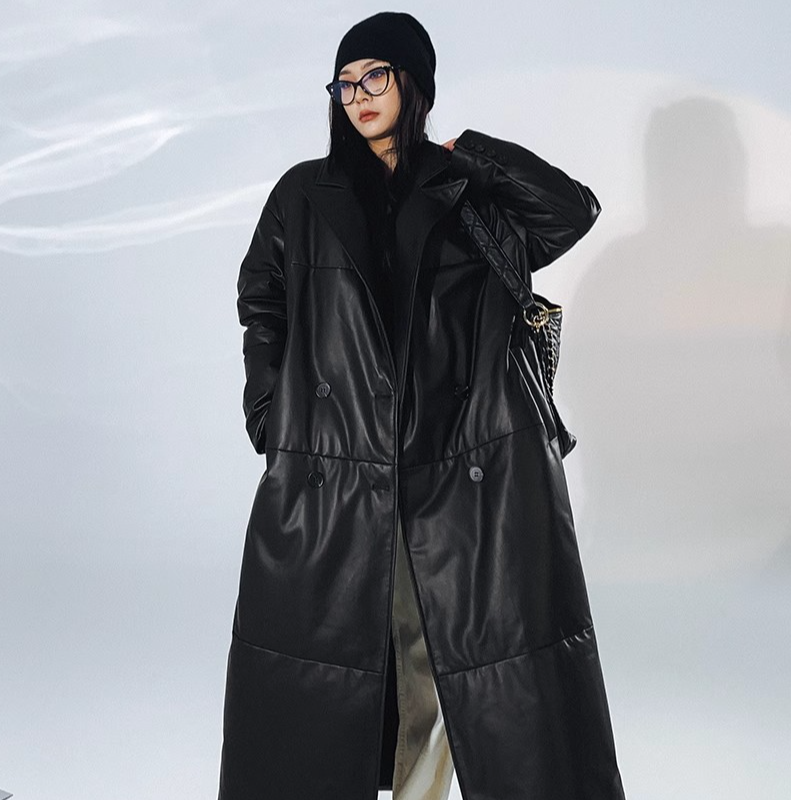 海宁冬季新款真皮绵羊皮女长款时尚百搭宽松洋气西装领外套