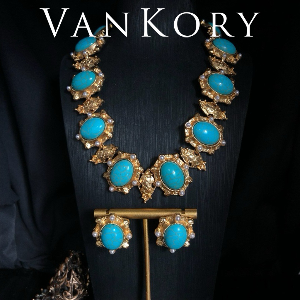 合金锆石项链 绿松项链耳环套装