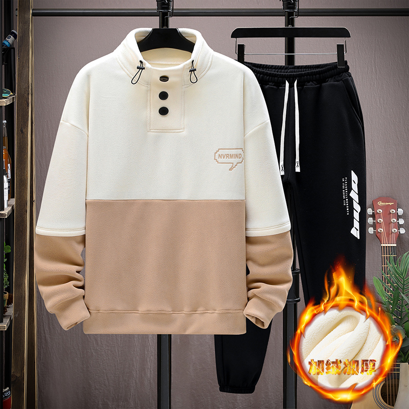 冬季加绒加厚卫衣男套装青少年潮流保暖两件套学生摇粒绒上衣裤子
