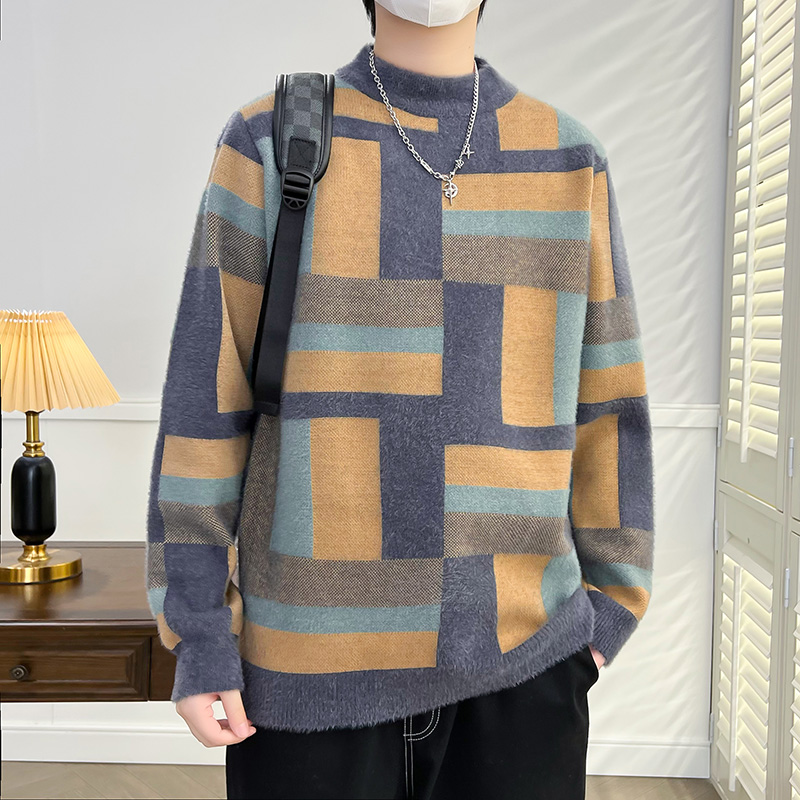 秋冬季毛衣男士仿貂绒针织衫潮流保暖衣韩版高端学生加绒加厚线衣