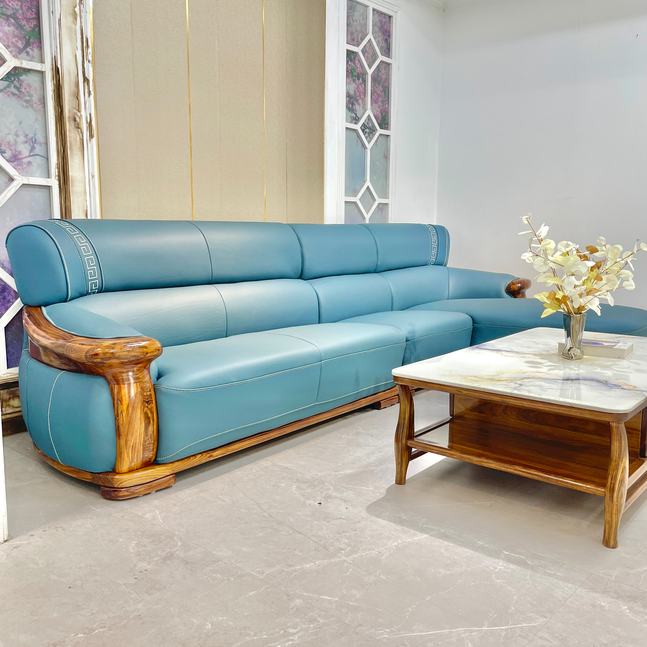 巨振乌金木头层牛皮沙发祥云刺绣加厚真皮客厅贵妃组合360-102-94