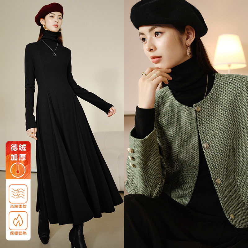 晚白【粉丝专享】冬款裙子高领收腰连衣裙2407