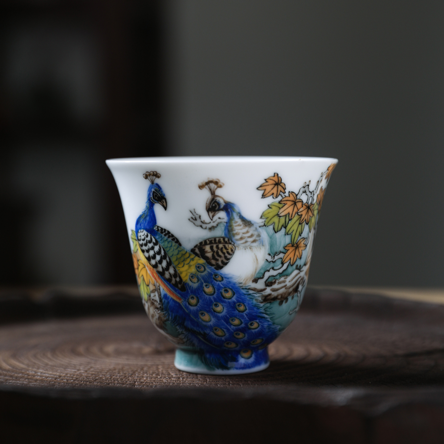 官润窑 釉下手绘陶瓷主人杯白玉瓷品茗杯功夫茶杯孔雀玲珑杯吉祥