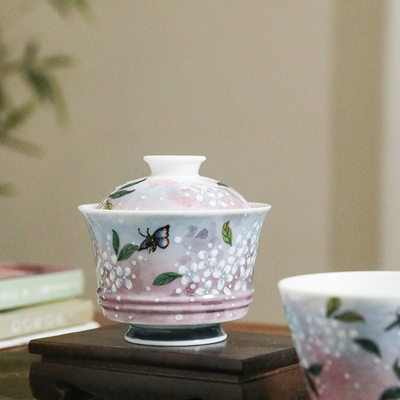 官润窑 手绘陶瓷盖杯釉下彩高温手工泡茶高档竹节盖碗女士小碎花