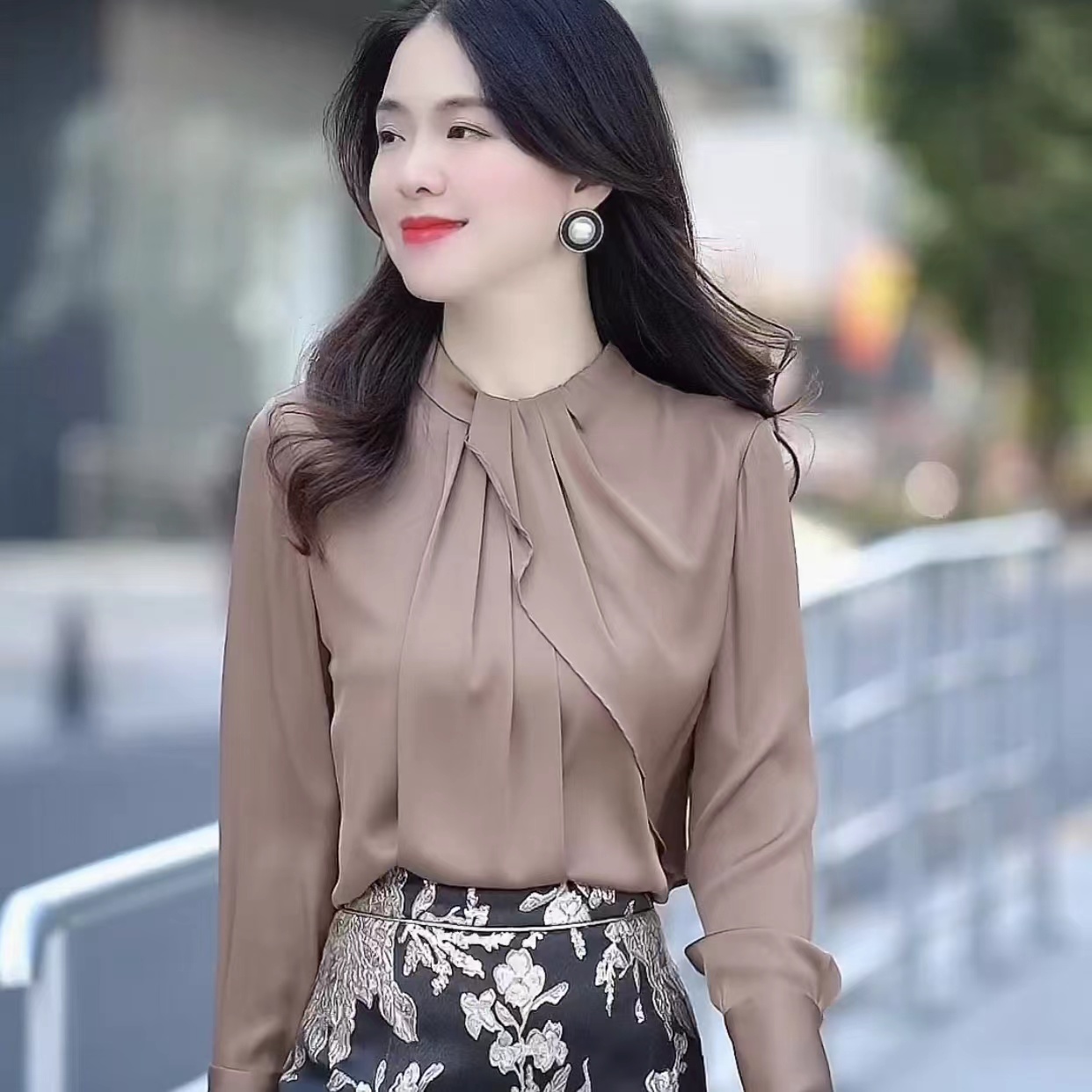 荷叶边荡领飘带法式抗皱洋气纯色气质小众长袖衬衫上衣衬衣33073