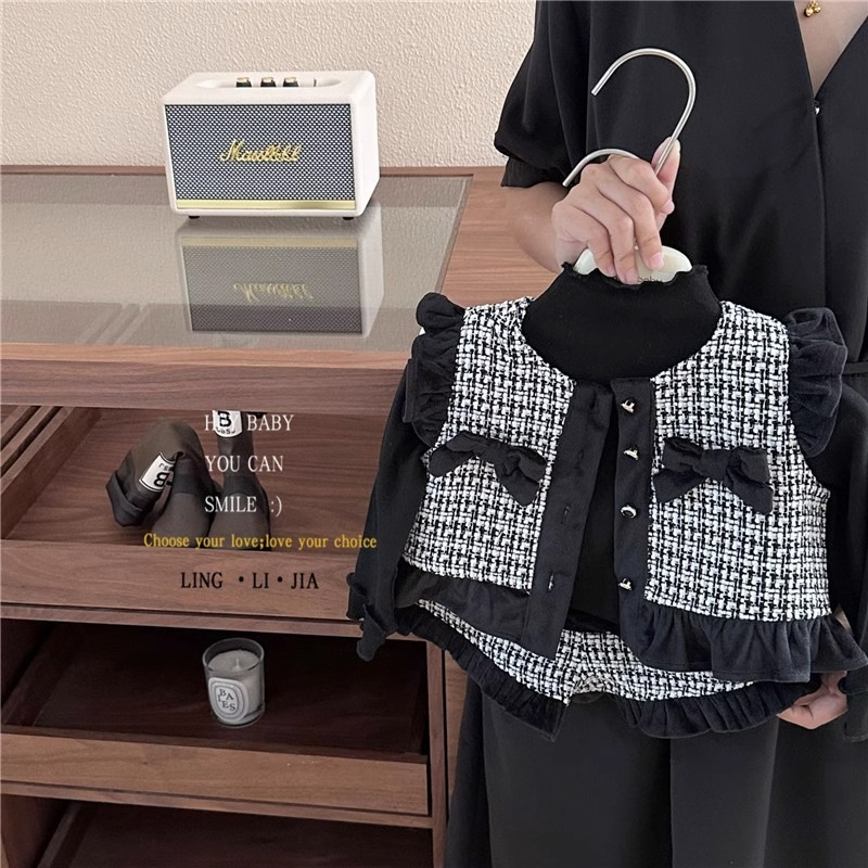 韩国童装小香风套装2025秋女童格子套装宝宝儿童气质无袖马甲短裤