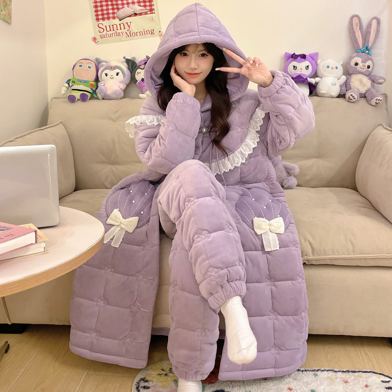 三层夹棉加厚加绒睡袍可外穿宽松冬季睡衣女士珊瑚绒家居服 9004