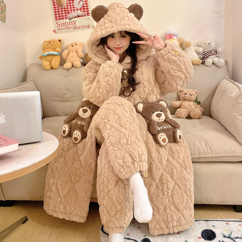 三层夹棉加厚加绒睡袍可外穿冬季睡衣女士卡通珊瑚绒家居服 8992