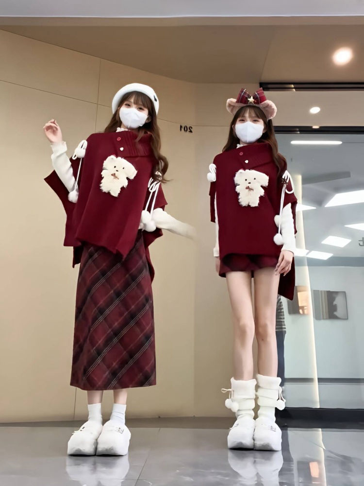 秋冬搭配一整套新年战袍圣诞穿搭时尚减龄红色毛衣半身裙子两件套