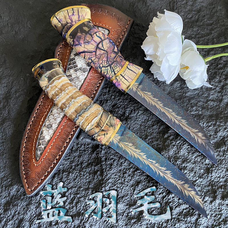 瑞典进口大马士革花纹随身全冰牙手柄高硬度锋利切割手工直刀