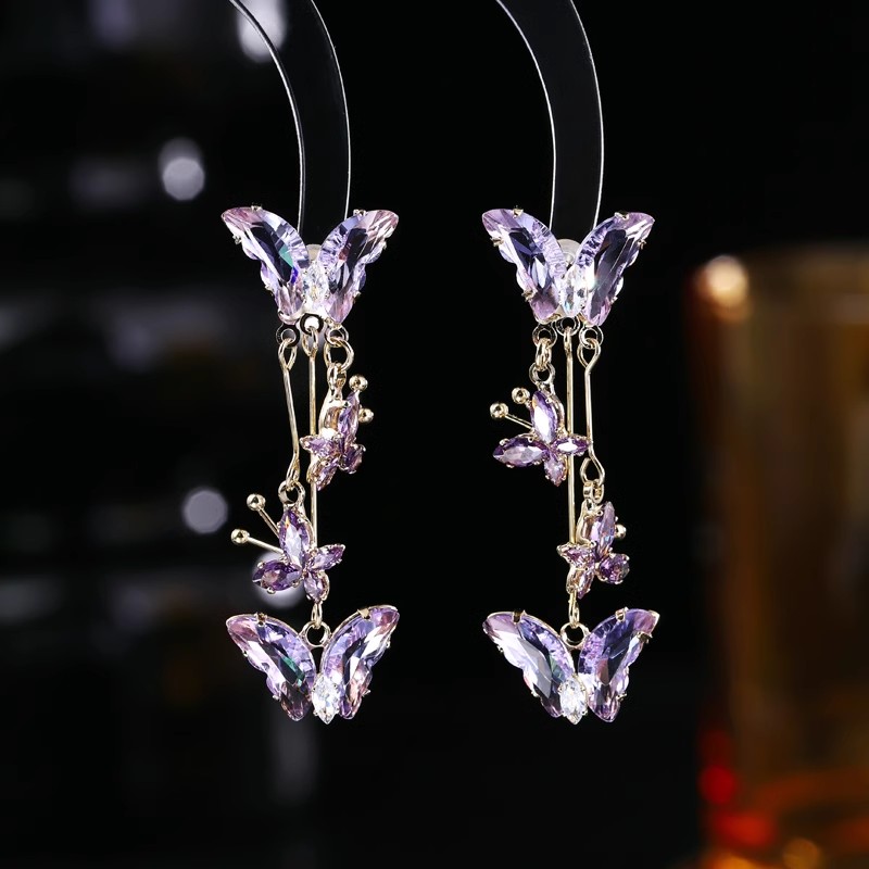 铜合金合成锆石耳饰 长款蝴蝶锆石耳环百搭个性港风耳坠法式复古