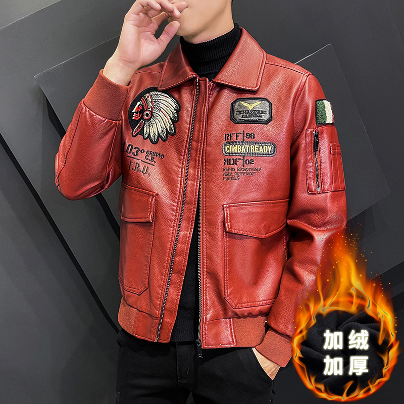 皮衣男加绒潮流翻领绣花秋冬青机车服皮夹克外套男士