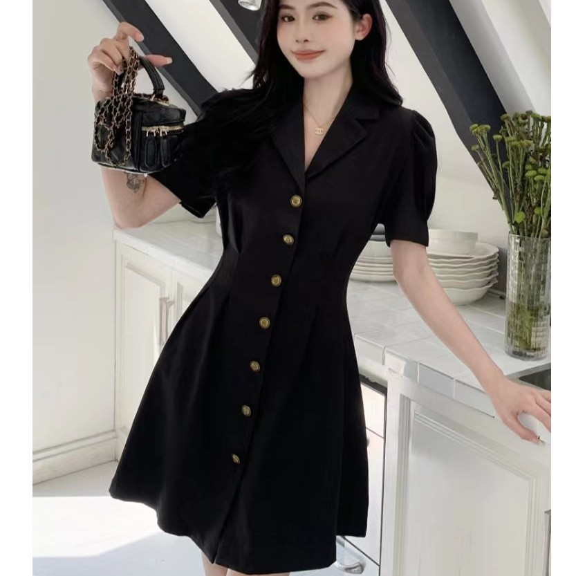 夏季法式高级感气质黑色西装连衣裙2023女新款短袖高腰显瘦a字裙