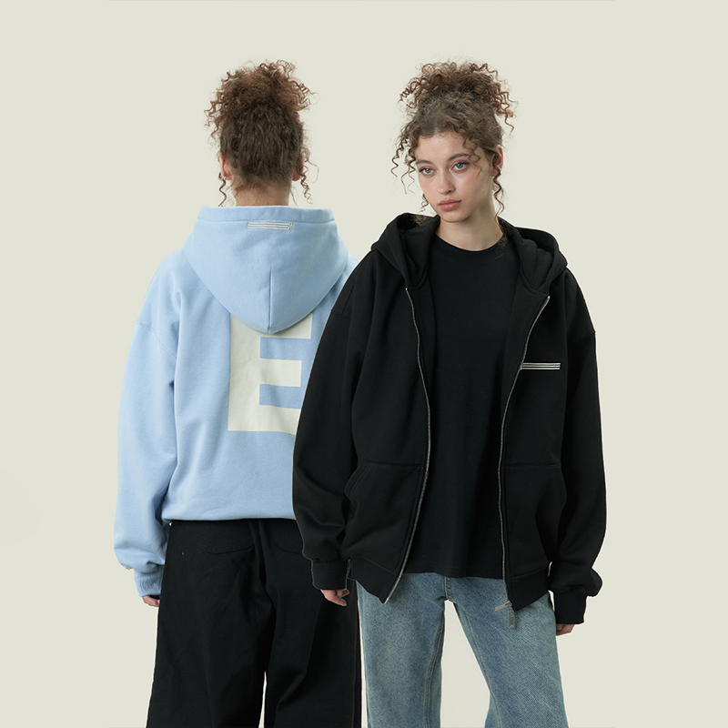 11E “E”基础印花拉链开衫连帽卫衣高街男女秋冬帽衫外套廓形