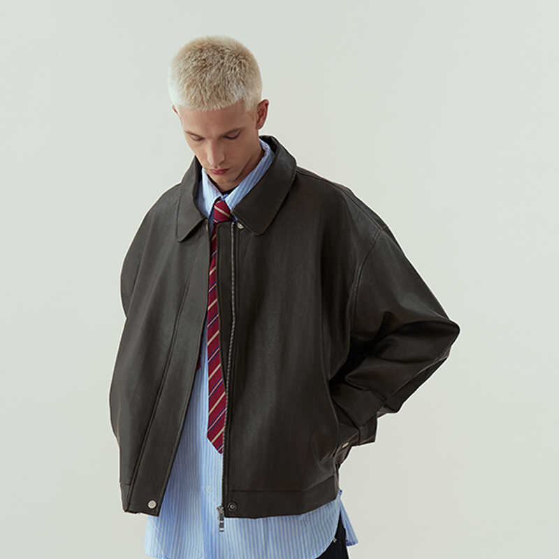 11E cleanfit短款翻领机车皮衣男女简约宽松复古皮夹克外套潮美式