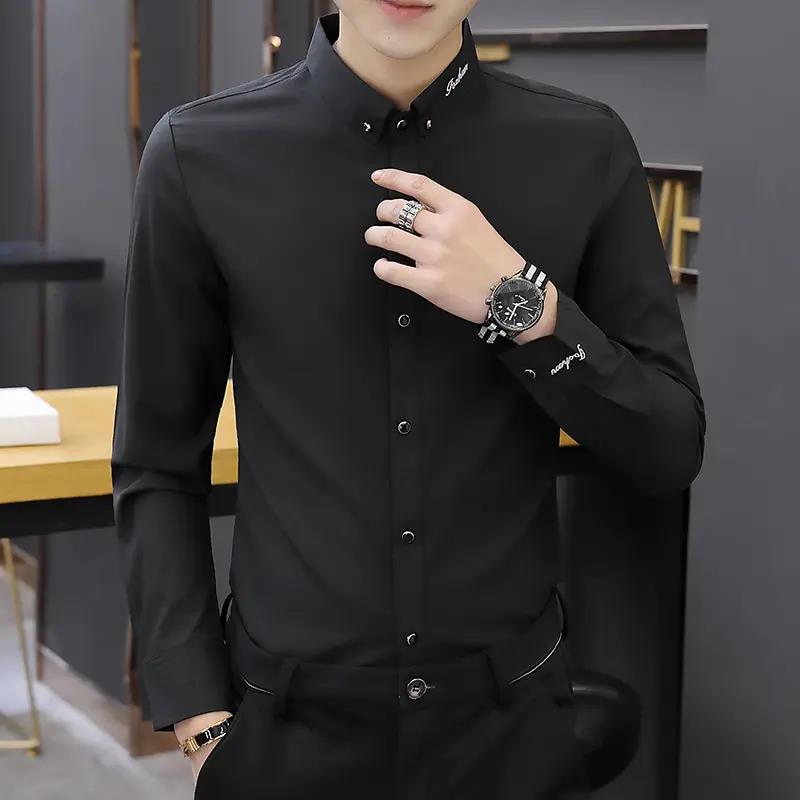 春秋季衬衫男士长袖抗皱免烫黑色衬衣男修身韩版帅气弹力休闲寸衫