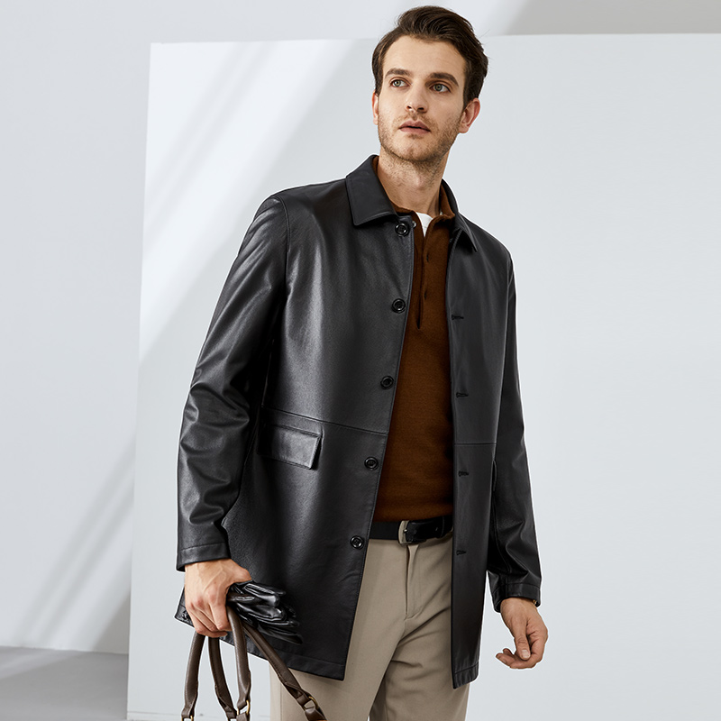 【雪豹】牛皮2025春秋新款风衣中长款86407男士商务真皮牛皮皮衣