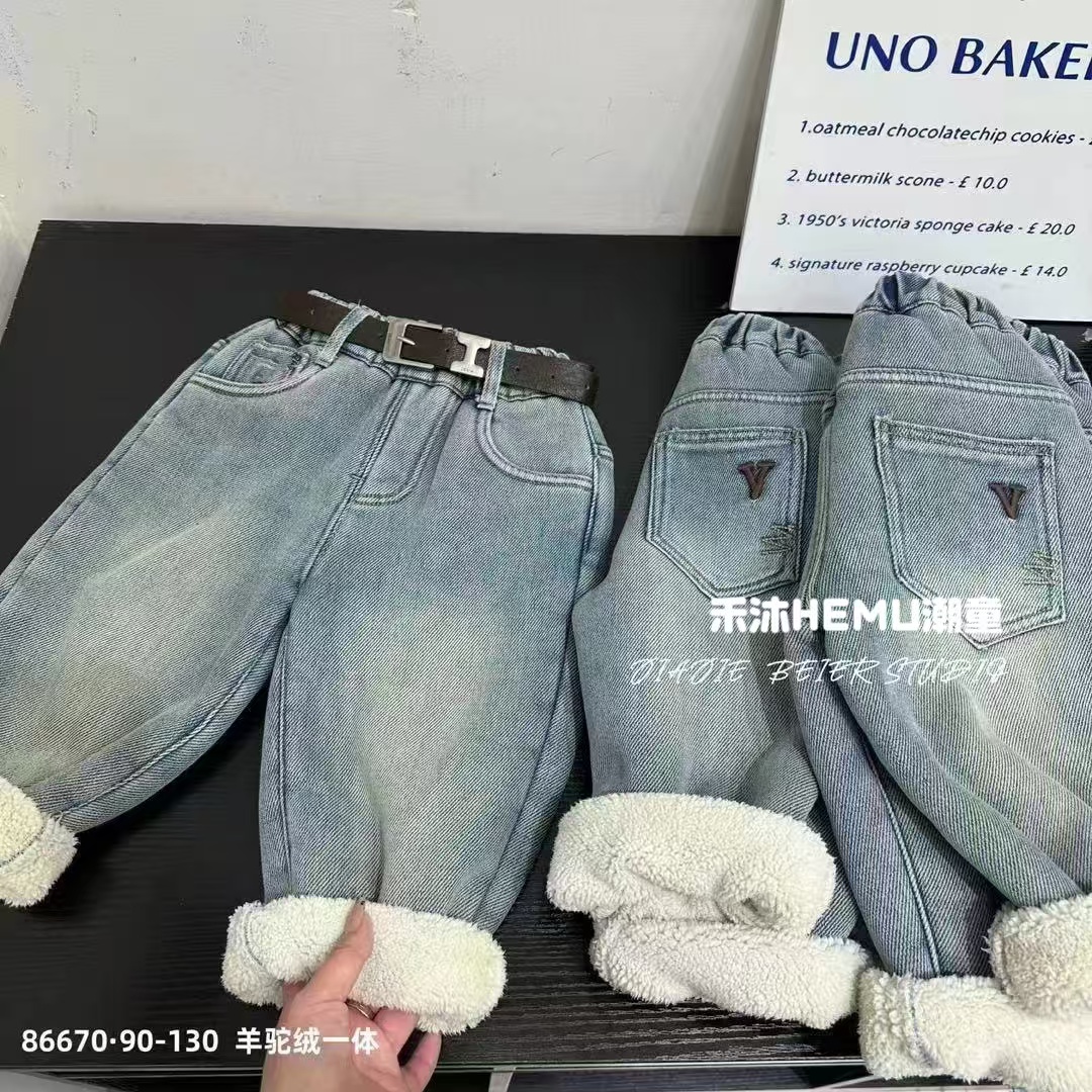 儿童羊驼绒牛仔裤宝宝冬天加厚一体羊驼绒牛仔裤2025韩版儿童保暖