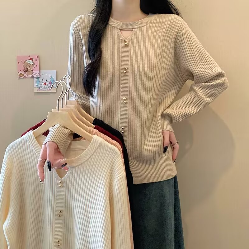 大码女装秋冬款时尚拼接宽松气质显瘦纯色小镂空设计感针织衫3549