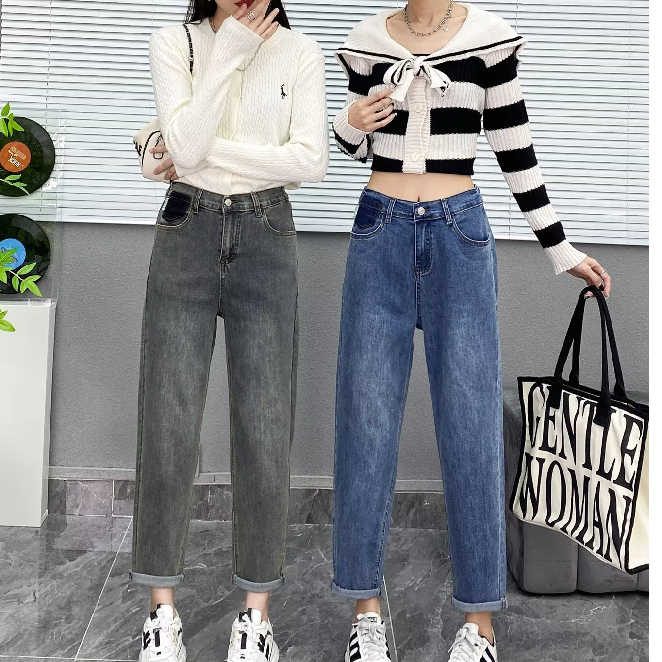 大码女装秋季新款高腰显瘦纯色时尚百搭哈伦牛仔裤6376