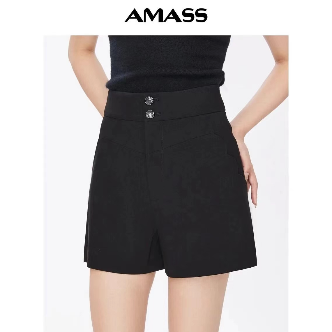 AMASS/阿玛施经典气质百搭黑色短裤两粒扣时髦简约中高腰 5100427