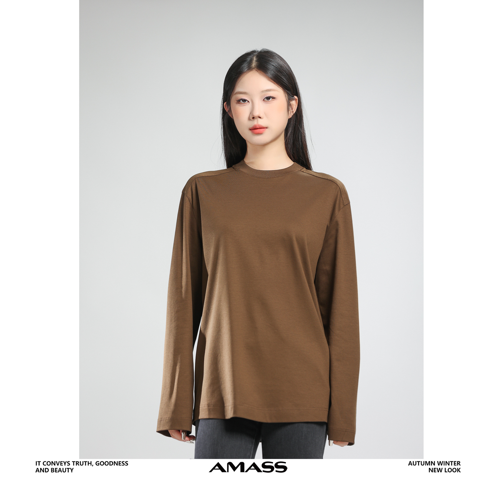 AMASS/阿玛施5301091新款早春简约风圆领宽松长袖T恤休闲百搭