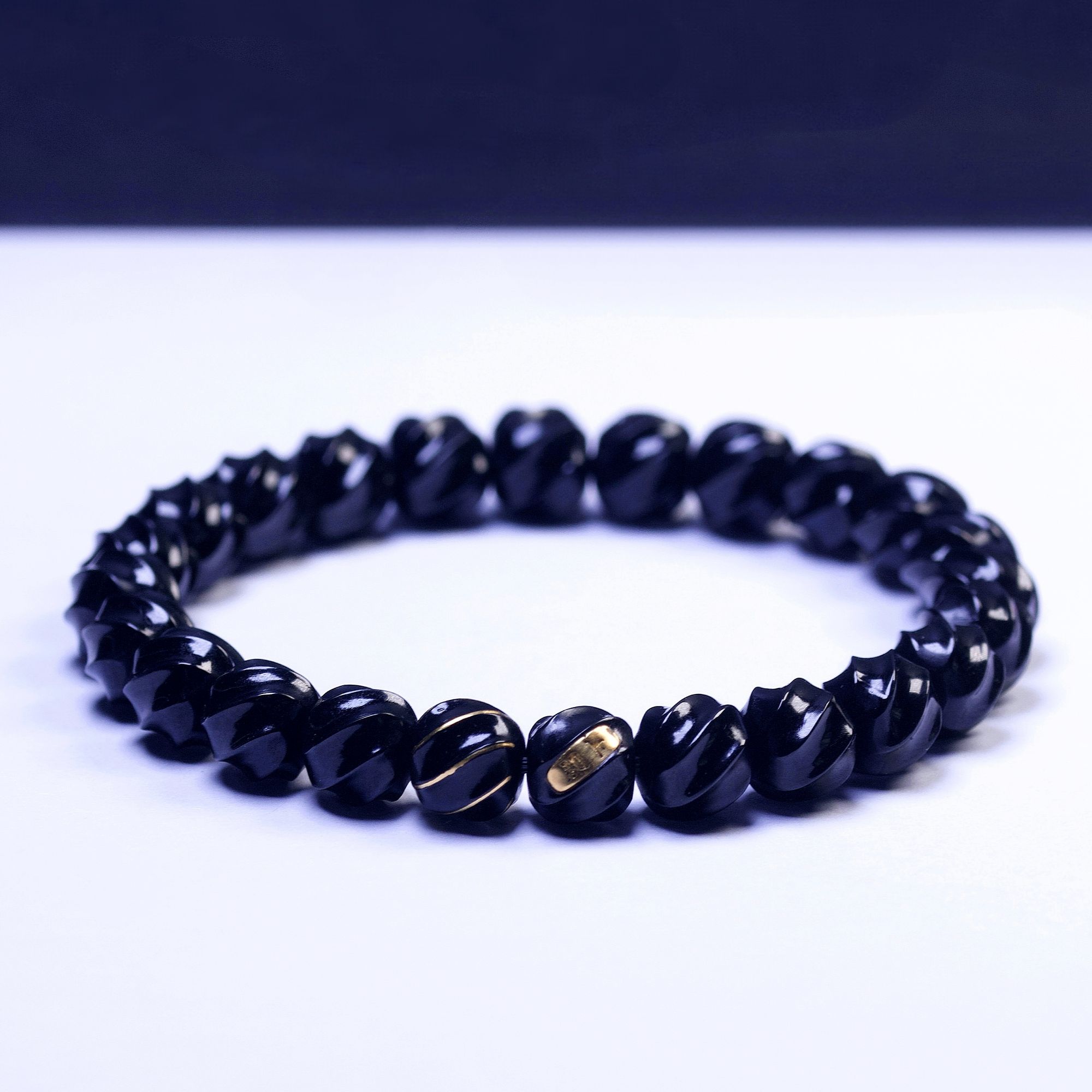 【左遇】和田玉黑青8mm喜旋精工金银错错金单圈手串黑羊脂墨玉黑色