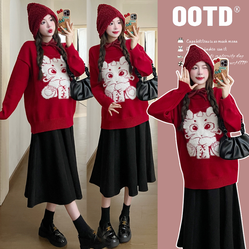 2024洋气新款冬本命年红色上衣时尚龙年喜庆宽松百搭卡通圣诞孕妇