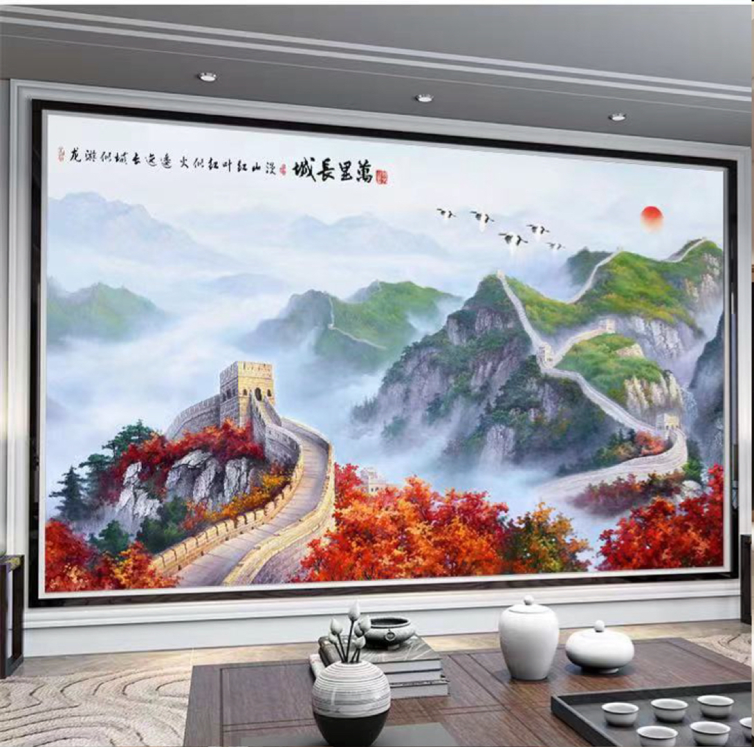 8d国画万里长城壁布新中式电视背景墙壁纸客厅沙发办公室装饰壁画