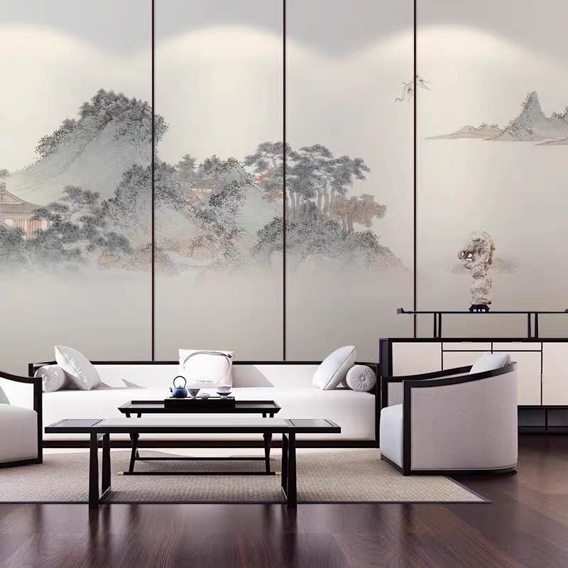 中式古建筑山川电视背景墙布客厅卧室墙布书房茶室定制壁画新中式